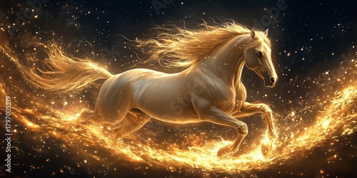 Majestic Horse Running Through Flames in a Mystical Landscape at Twilight