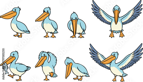 vector illustration of pelican funny cute cartoon mascot character cartoon with 8 poses 02