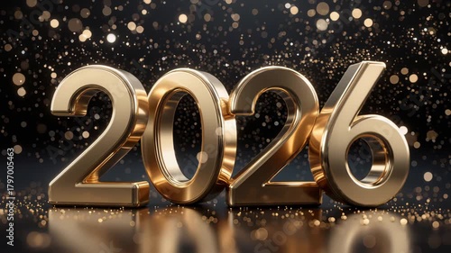 Shimmering gold 2026 numerals on reflective studio floor with glitter bokeh, polished metallic surfaces, confetti dust and elegant