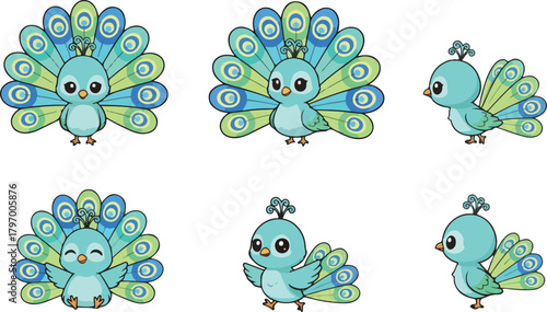 vector illustration of peacock funny cute cartoon mascot character cartoon with 6 poses 02