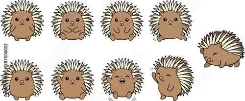 vector illustration of porcupine funny cute cartoon mascot character cartoon with 9 poses 