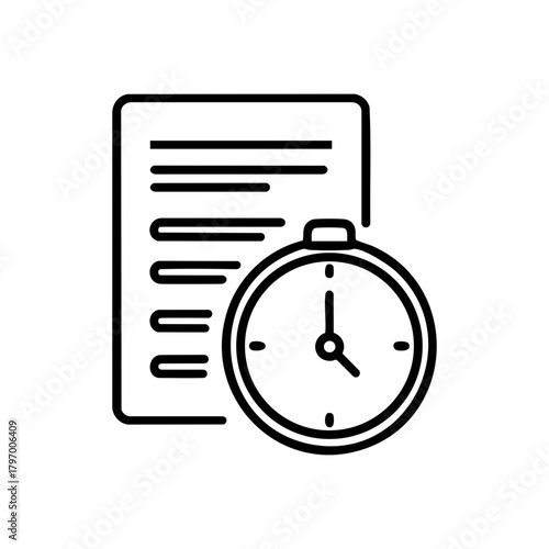 Time management line icon with a document and clock. Project history, schedule, and deadline concept. Minimalist vector outline symbol