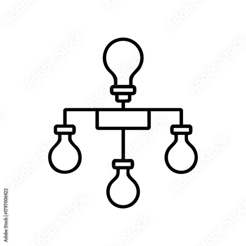 Light bulb network icon representing ideas and brainstorming. Minimalist flowchart or hierarchy symbol. Simple line art vector illustration for strategy and innovation
