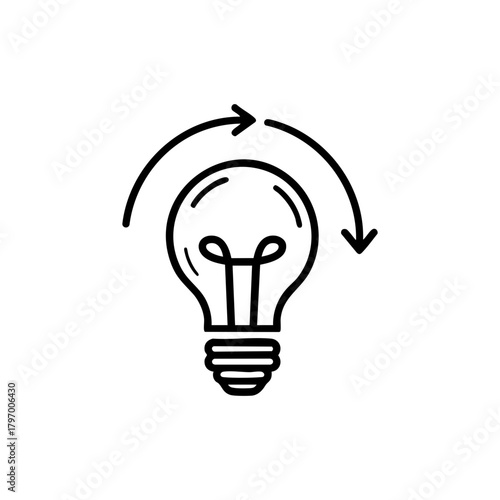 Idea generation and innovation line icon. Lightbulb with a refresh cycle arrow symbol. Minimalist vector illustration