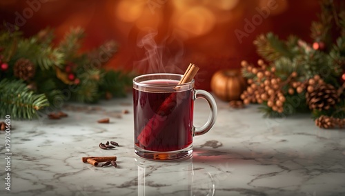Mug filled with red mulled wine on a marble surface, seasonal beverage choice
