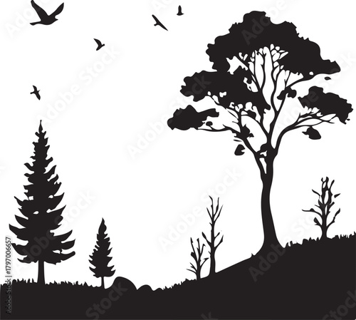 Minimalist black-and-white nature silhouette vector featuring lone trees, mountains, and flying birds with clean lines, high contrast, and modern geometric balance.