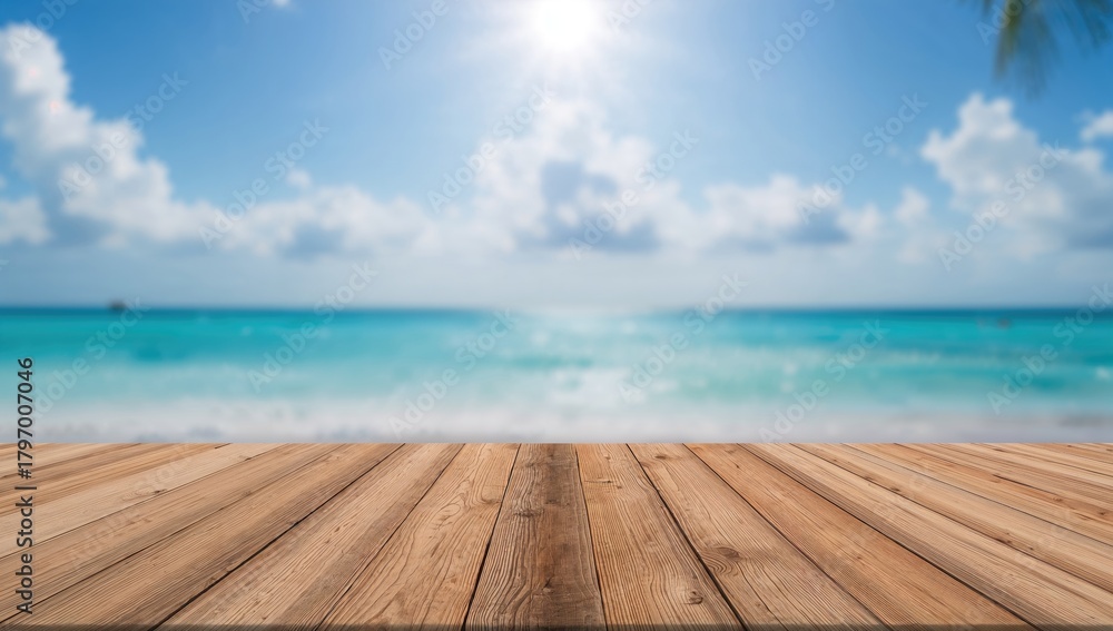 Fototapeta premium Blurry cold sea in the background, wood floor on a tropical sandy beach, outdoor relaxation, seasonal change