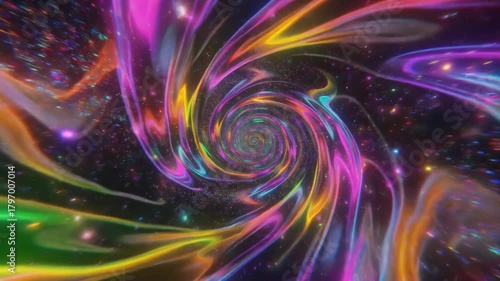 A vibrant swirling vortex of rainbow colors and light points, creating a mesmerizing tunnel effect against a dark starry background.