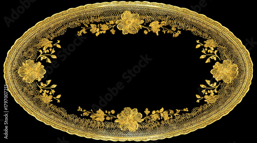 A golden floral lace oval frame with intricate details on a black background image art