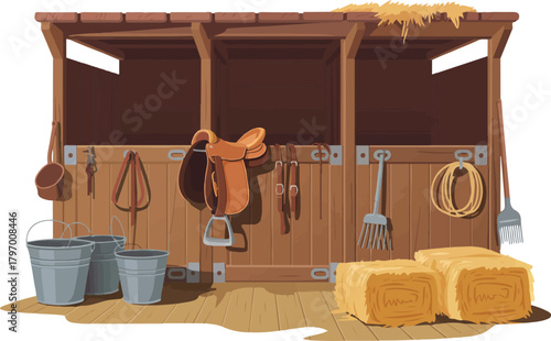 Horse stable interior with saddle and hay vector background