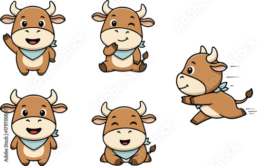 vector illustration of ox funny cute cartoon mascot character cartoon with 5 poses