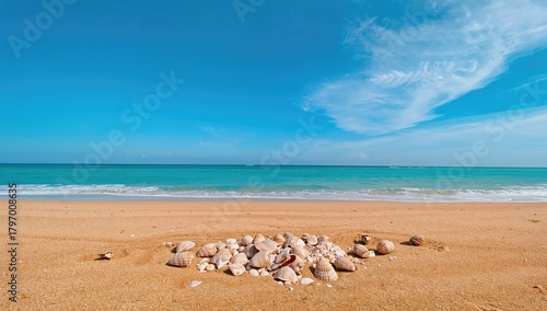 Fototapeta Naklejka Na Ścianę i Meble -  Background featuring a beach and shell decor, ideal for editorial headers