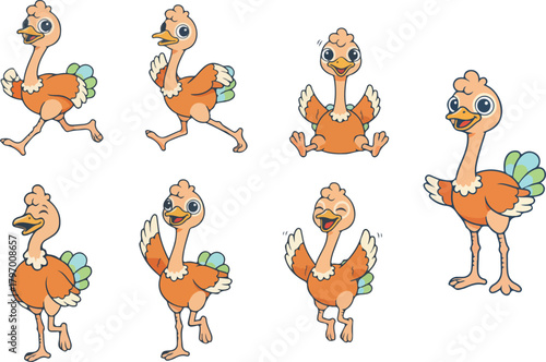 vector illustration of ostrich funny cute cartoon mascot character cartoon with 7 poses 02