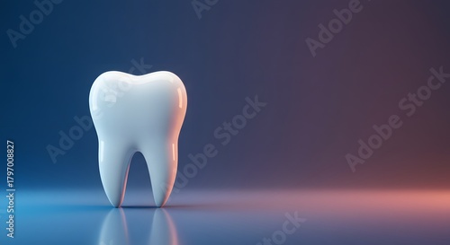 Single Shiny White Molar Tooth on Blue and Orange Gradient Stage for Dental Care Advertisement