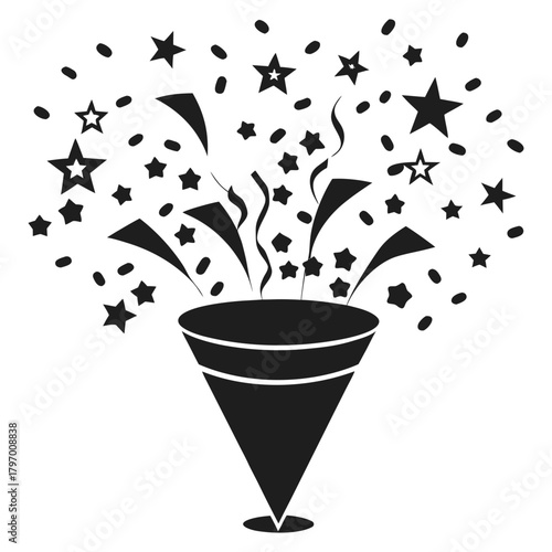 Exploding party popper with stars and confetti celebration icon