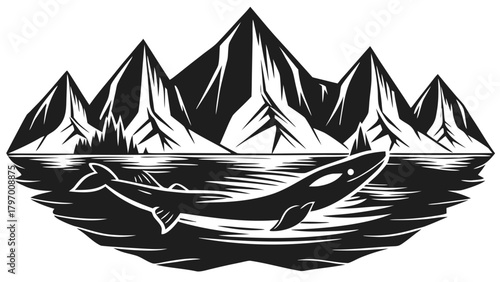 Orca whale swimming in water with mountains illustration design