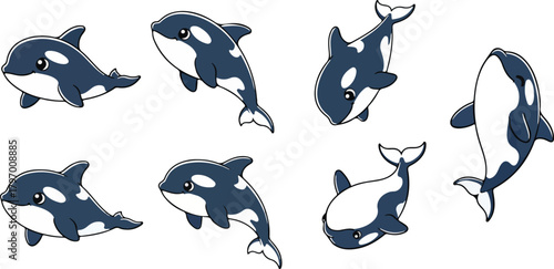 vector illustration of orca funny cute cartoon mascot character cartoon with 7 poses