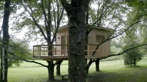 Cozy wooden treehouse nestled amongst lush green trees on a peaceful afternoon.