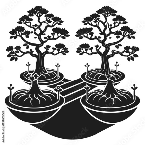 Stylized japanese twin bonsai tree emblem illustration with path