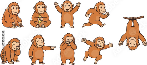 vector illustration of orangutans funny cute cartoon mascot character cartoon with 9 poses 