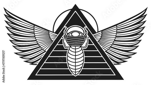 Ancient egyptian winged scarab beetle pyramid symbol graphic art