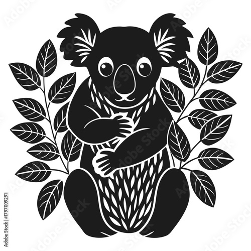 Stylized koala and eucalyptus leaves icon, australian wildlife