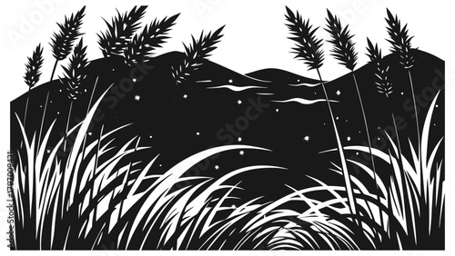 Stylized silhouette of grassy landscape with hills and water