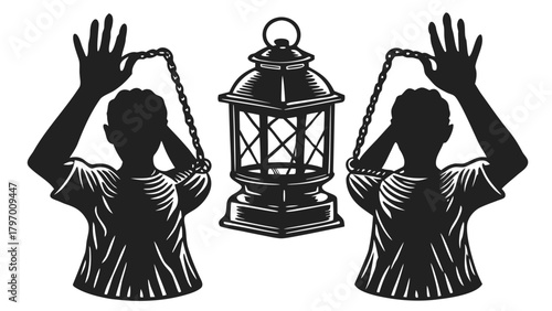 Silhouettes of figures holding chains with a vintage lantern