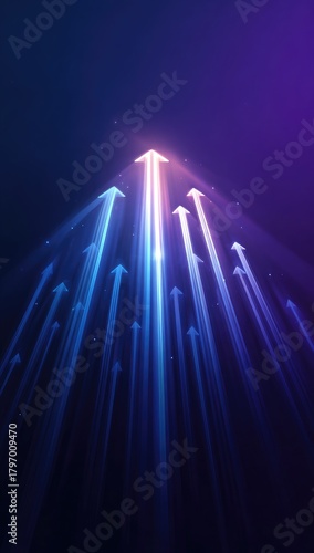 Glowing arrows converge in a radiant, upward-pointing beam, set against a dark, purplish-blue background, suggesting growth, progress, and upward mobility
