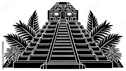 Stylized ancient mayan pyramid temple illustration with jungle