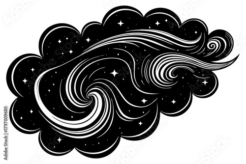 Abstract celestial swirl design with stars, cosmic galaxy art.
