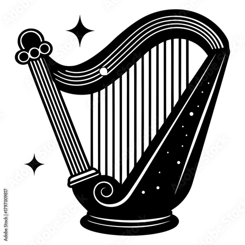 Elegant classical harp music instrument black and white illustration