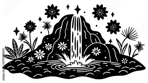 Enchanting stylized magic waterfall scene with flowers and stars