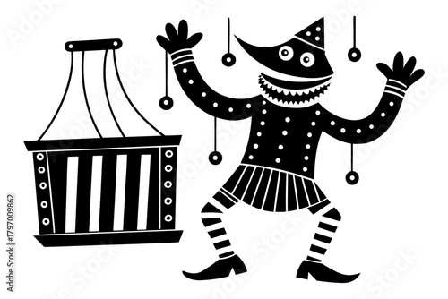 Whimsical black and white imp character with stage illustration