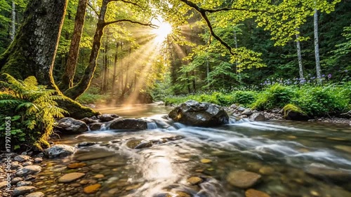 Pristine Forest Stream With Dramatic Golden Sun Rays Illuminating Lush Green Wilderness And Flowing Clear Water