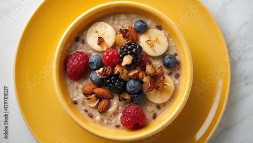 Oatmeal served in a dish with berries, banana, and almonds, protein-rich meal