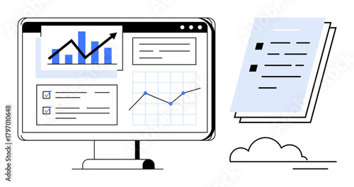 Desktop monitor showing data graphs, charts, and checklists alongside stacking report sheets. Ideal for business analytics, performance tracking, productivity, financial analysis, data review