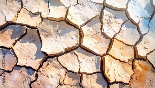 A close-up view of cracked, dry earth, revealing a textured surface with polygonal shapes and dramatic shadows.