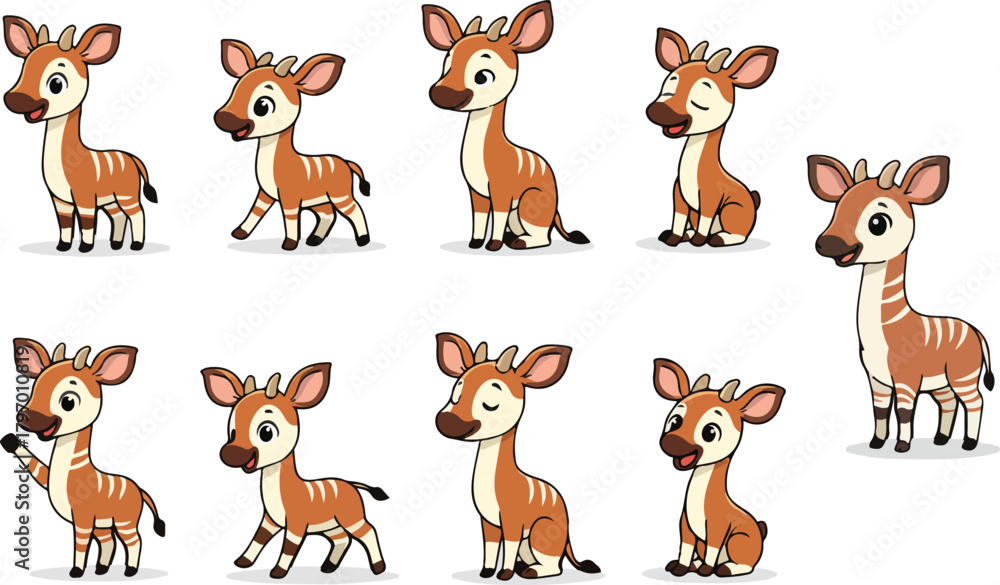 Fototapeta premium vector illustration of okapi funny cute cartoon mascot character cartoon with 9 poses 01