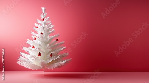 White Christmas Tree with Red Ornaments on Pink Background