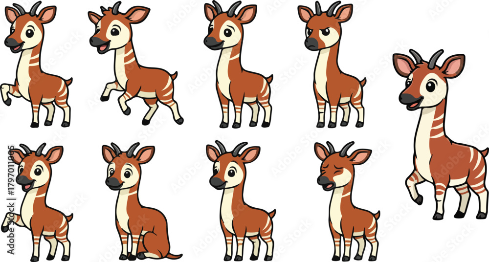 Obraz premium vector illustration of okapi funny cute cartoon mascot character cartoon with 9 poses 03