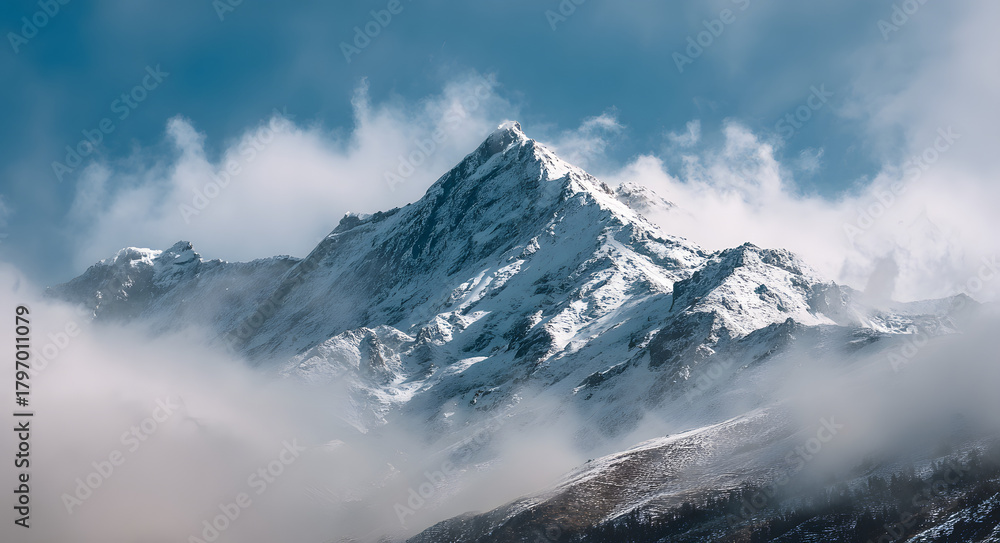 Obraz premium Explore majestic mountain peak covered in snow surrounded by clouds scenic landscape