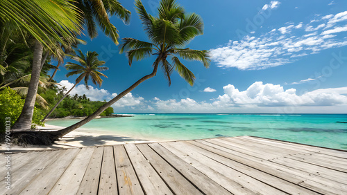 Fototapeta Naklejka Na Ścianę i Meble -  A serene tropical beach scene with palm trees leaning over a wooden deck, turquoise water, and a partly cloudy sky creating a peaceful and inviting atmosphere