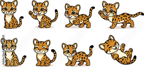 vector illustration of ocelot funny cute cartoon mascot character cartoon with 8 poses