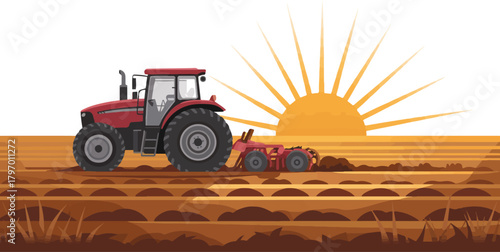 Tractor plowing field at sunset agricultural landscape vector