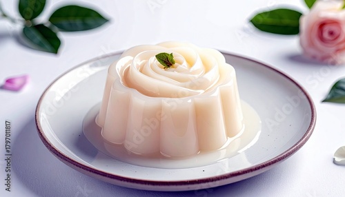 A single, pale pink, rose-shaped jelly dessert sits on a white plate, garnished with a fresh mint leaf.