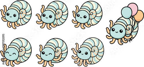vector illustration of nautilidae funny cute cartoon mascot character cartoon with 7 poses 01