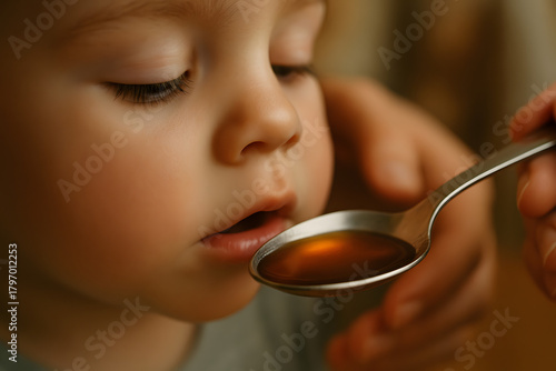 Child Receives Medicine From Spoon: Comforting Care and Healing Process.