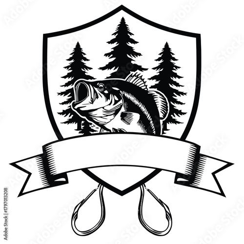 Fishing Emblem Bass Fish Pine Trees Ribbon and Hooks crest