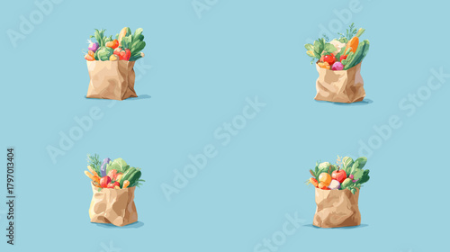 Watercolor paper grocery bags filled with fresh vegetables on a blue background—ideal for organic food branding, delivery graphics, market posters, and healthy lifestyle designs.